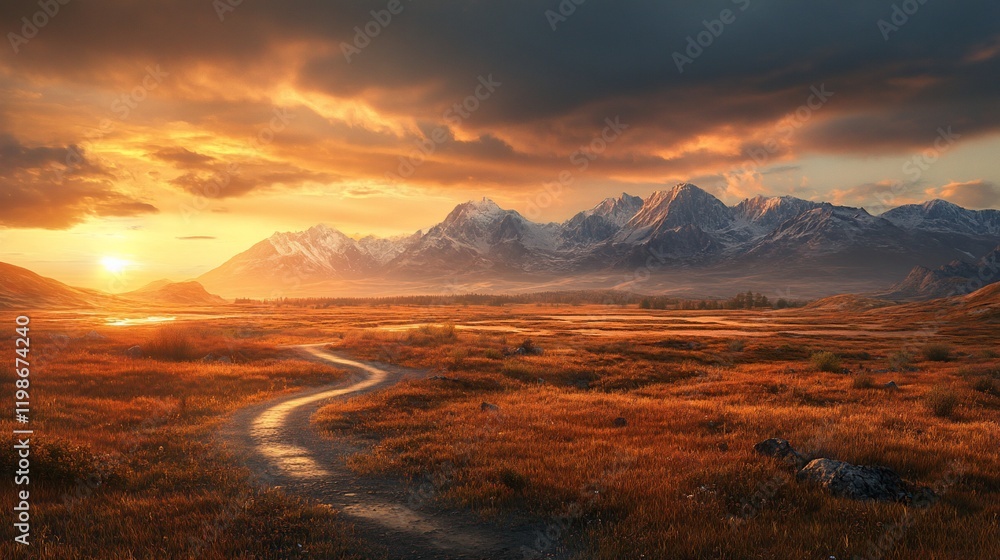 Fototapeta premium Sunset over autumnal valley, winding road, mountains