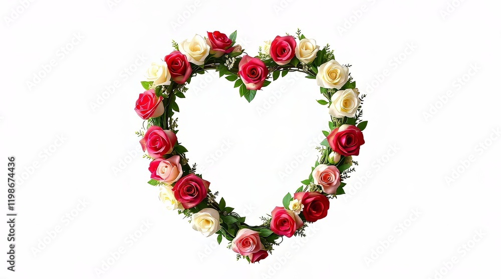 Heart shaped rose wreath on white background for love wedding or valentine themes Heart shaped rose wreath on white background for love wedding or valentine themes