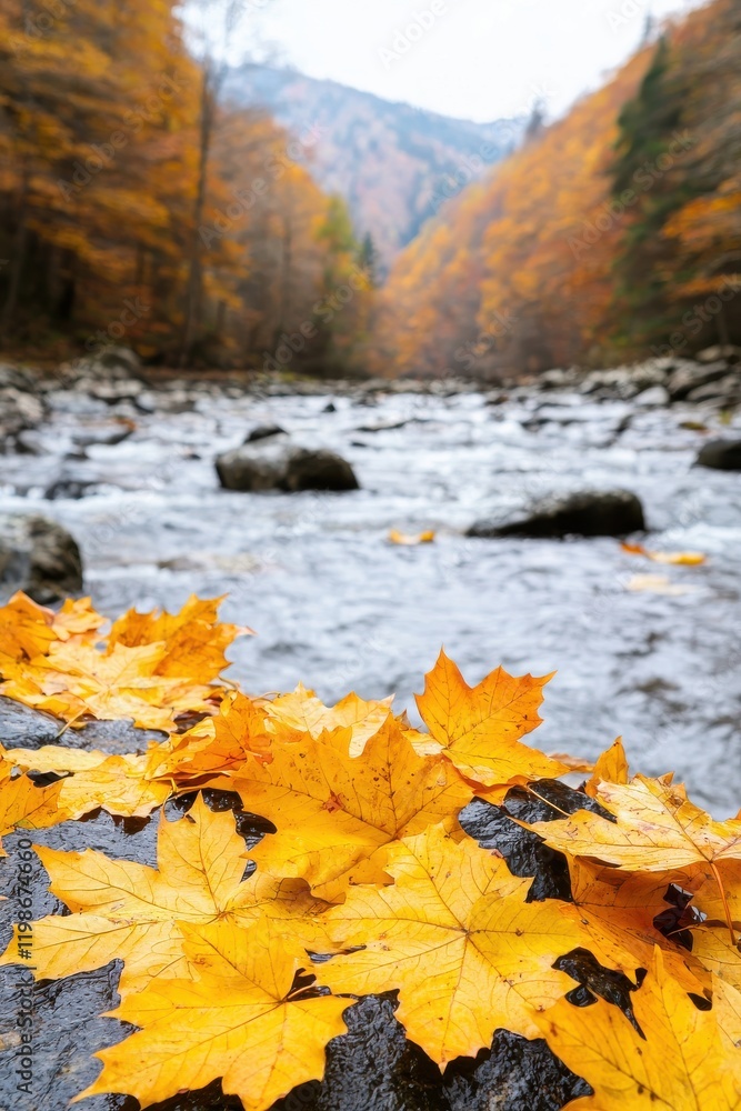 Vibrant yellow autumn leaves lie on a wet rock, framing a rushing river surrounded by colorful trees and mountains in the background. Vibrant yellow autumn leaves lie on a wet rock, framing a rushing river surrounded by colorful trees and mountains in the background.