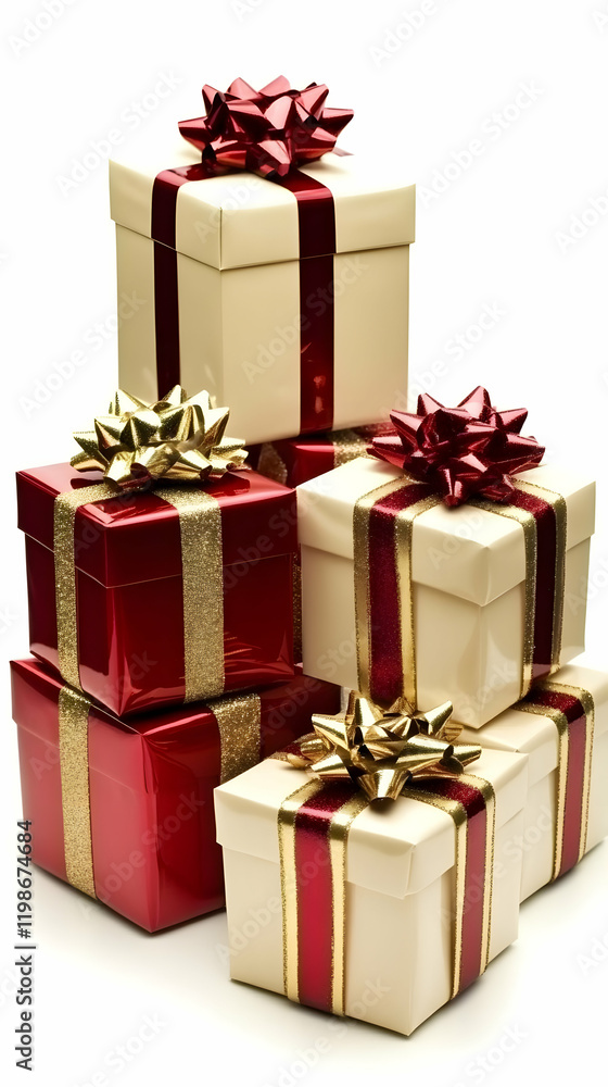 Obraz premium Stacked Gift Boxes with Ribbons and Bows Elegantly Arranged on White Background