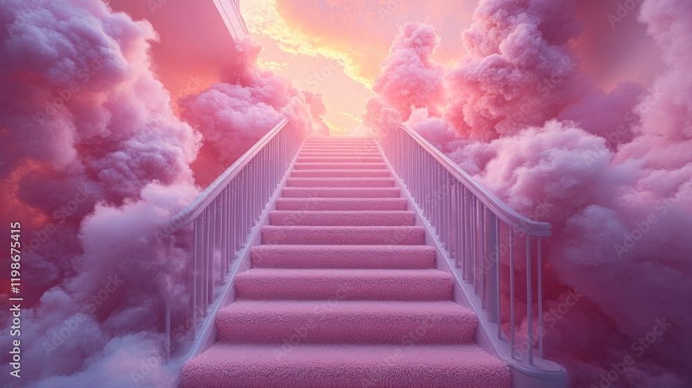 Fototapeta premium Pink stairway ascending through fluffy clouds.