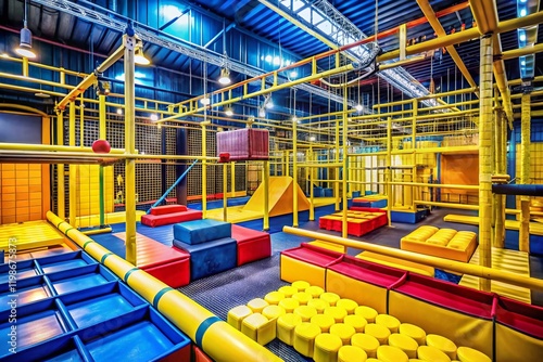 Panoramic Indoor Ninja Warrior Course with Bright Yellow Obstacles