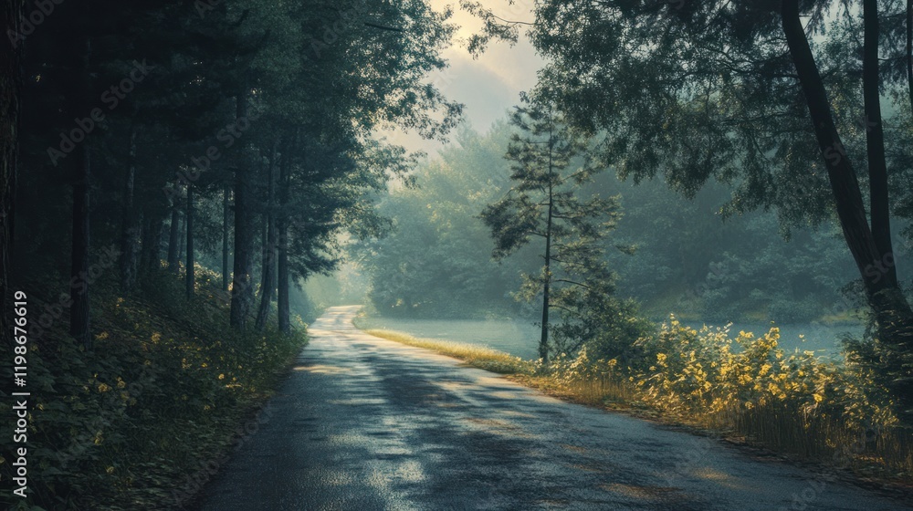 Fototapeta premium Lakeside road,dusk scenery.