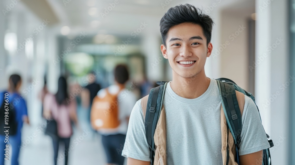 Lifestyle photography of a smiling Asian student focusing on everyday college experiences on solid white background