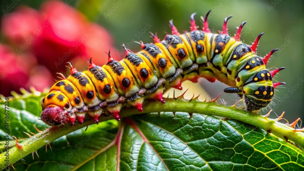 Panoramic Rose Leaf with Arge ochropus Larva – Detailed Macro Shot Panoramic Rose Leaf with Arge ochropus Larva – Detailed Macro Shot