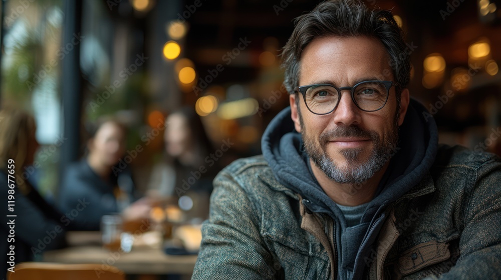 Man smiling in cafe, people in background Man smiling in cafe, people in background