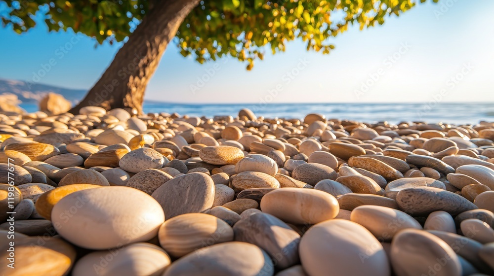 Obraz premium A tranquil beach scene with smooth pebbles in the foreground and a tree, set against a serene ocean backdrop under a blue sky.