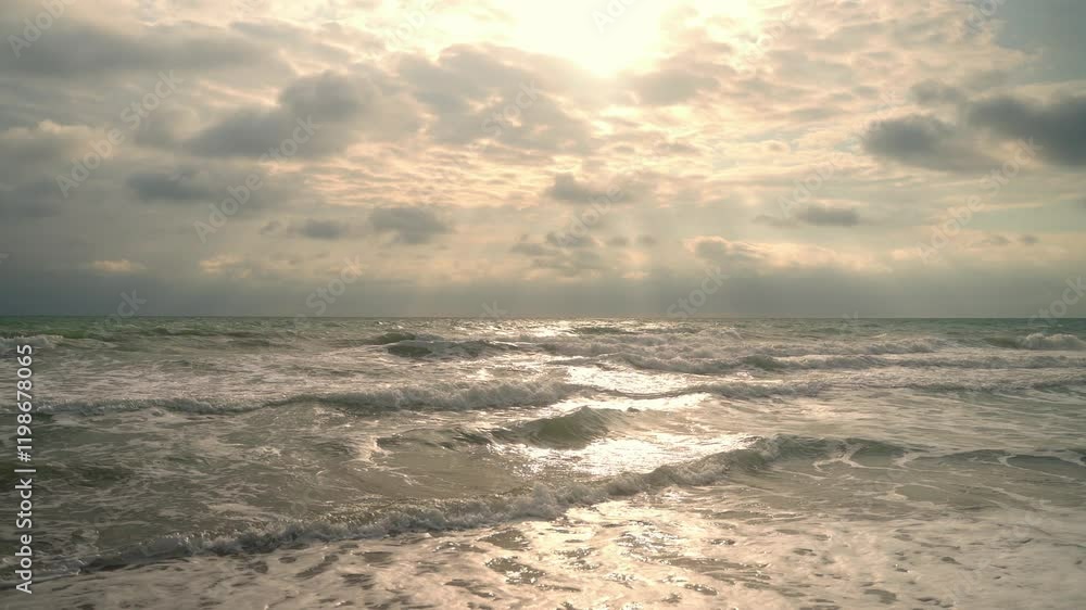Scenic landscape of sea waves under sunny skyline, reflected natural light Scenic landscape of sea waves under sunny skyline, reflected natural light