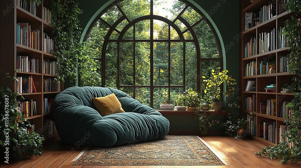 Cozy reading nook with a bean bag, bookshelves, and a large window overlooking greenery. Cozy reading nook with a bean bag, bookshelves, and a large window overlooking greenery.