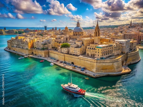 Panoramic Valletta Malta Cityscape with Boat at Sea - Stunning Mediterranean View
