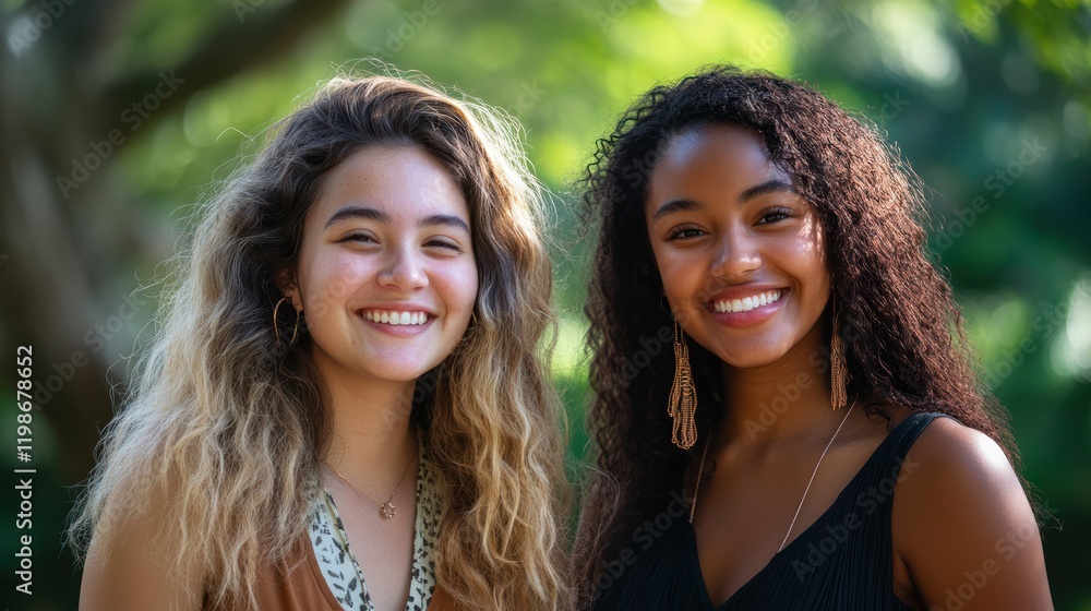 Fototapeta premium Multiracial women friends smiling outdoors.