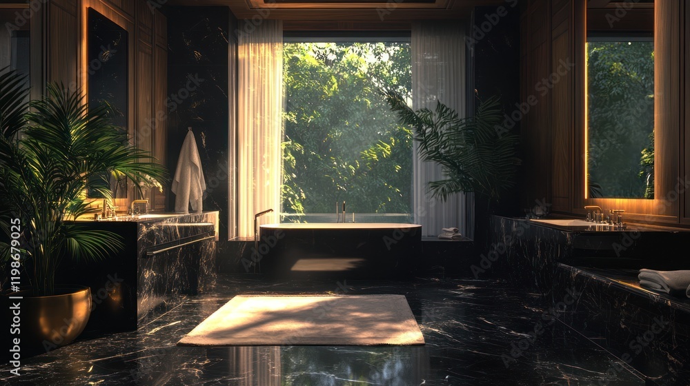 Luxurious bathroom, jungle view, morning sunlight, marble, interior design Luxurious bathroom, jungle view, morning sunlight, marble, interior design