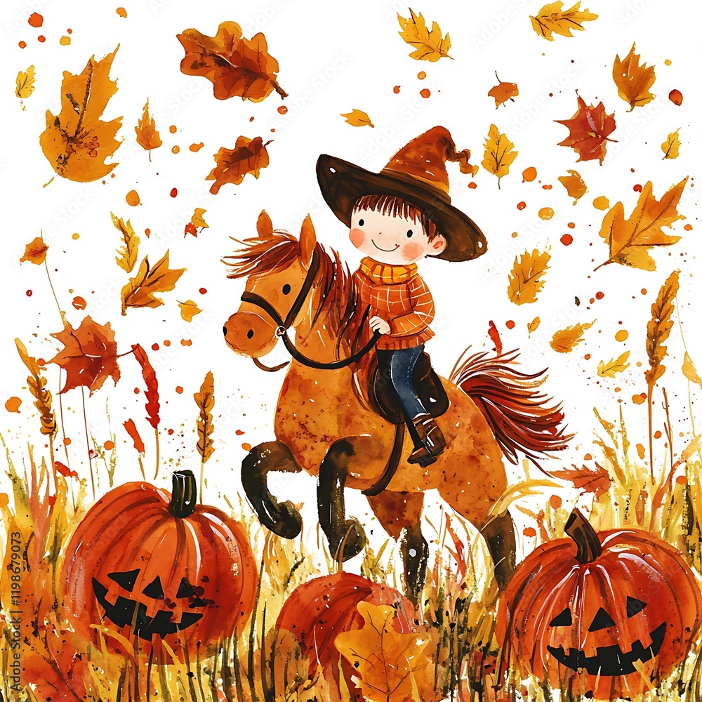 Fototapeta premium A cheerful child riding a horse through a field of autumn pumpkins and falling leaves.