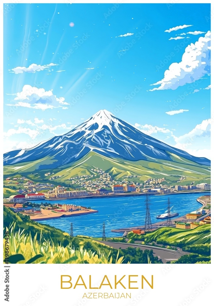 Fototapeta premium Balaken Azerbaijan Travel Poster Flat Illustration Print Decor Gift Canvas Wall Art Gift