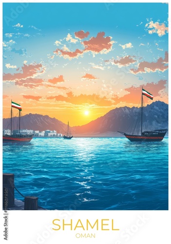 Shamel Oman Travel Poster Flat Illustration Print Decor Gift Canvas Wall Art Gift photo