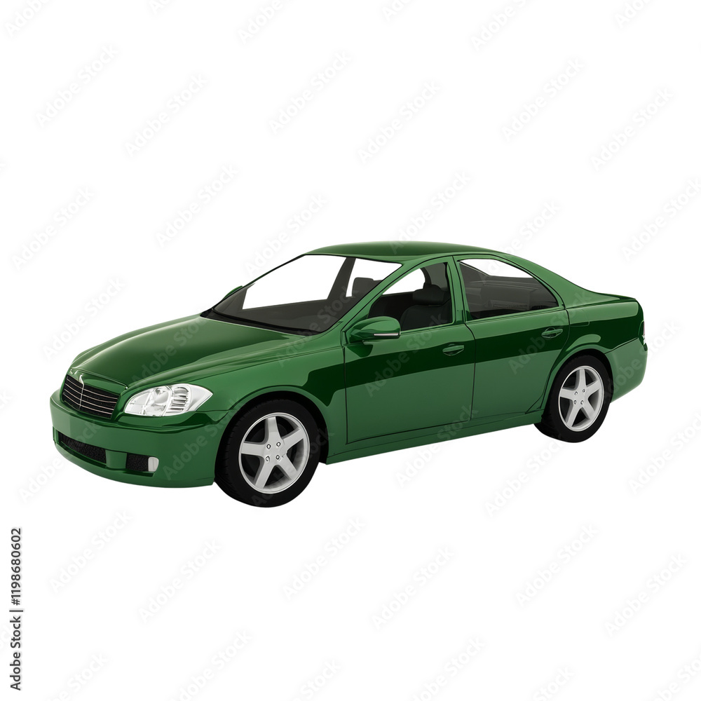 Obraz premium A digitally rendered image showcases a dark green four-door sedan against a stark white backdrop.