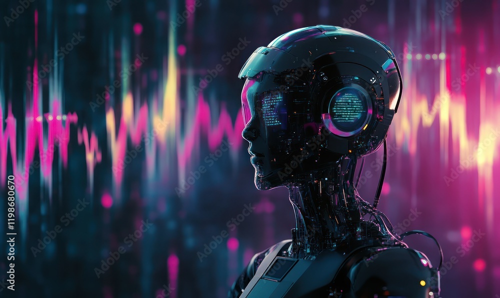 AI robot profile, digital data streams, future tech AI robot profile, digital data streams, future tech