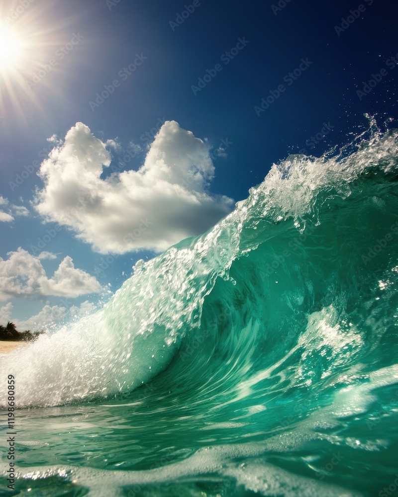 Fototapeta premium A vibrant ocean wave splashes under a bright sun, with fluffy clouds in a clear blue sky, capturing the essence of a sunny beach day.