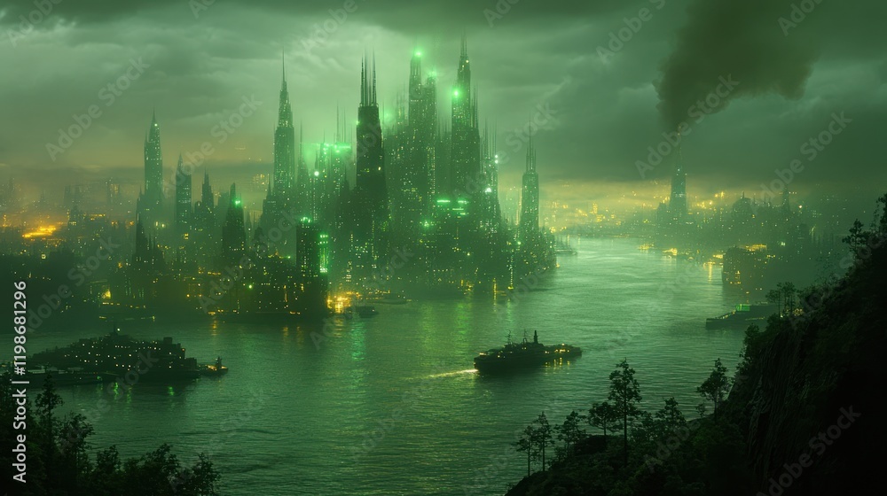 Naklejka premium Emerald City Night Ships sail past glowing futuristic island metropolis