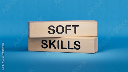 Soft skills symbol. Wooden blocks with words Soft skills.Business and Soft skills concept. Wooden cube blocks. Copy space.3D rendering on blue background.