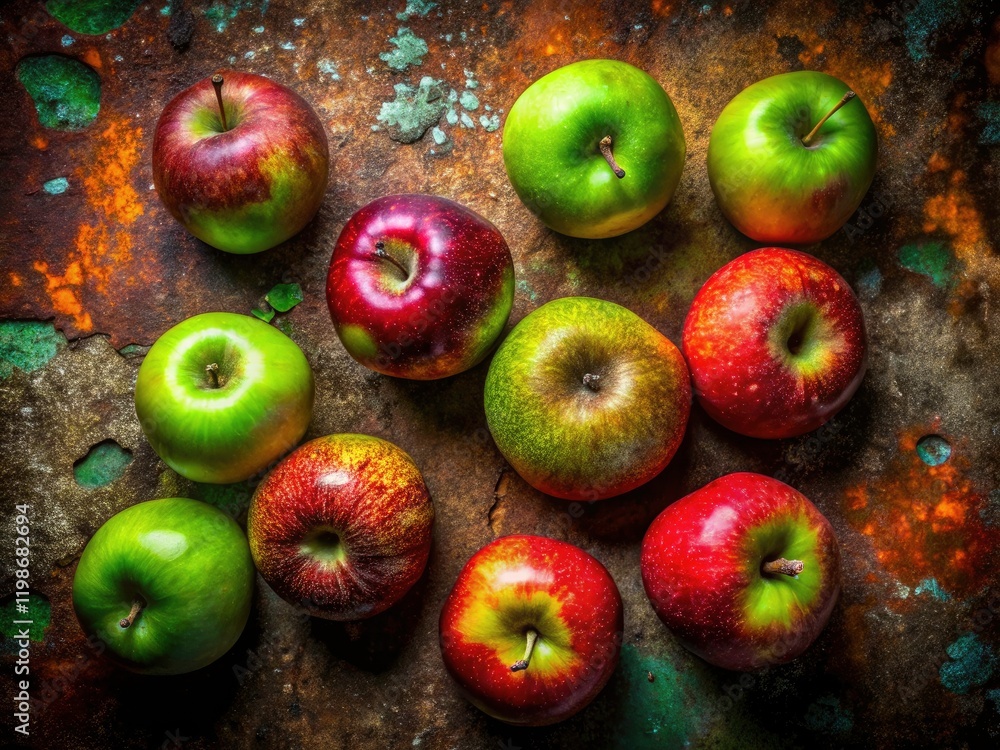 Urban Decay Apples: Full Frame Red & Green Apple Photography, Grungy Texture, Industrial Background Urban Decay Apples: Full Frame Red & Green Apple Photography, Grungy Texture, Industrial Background