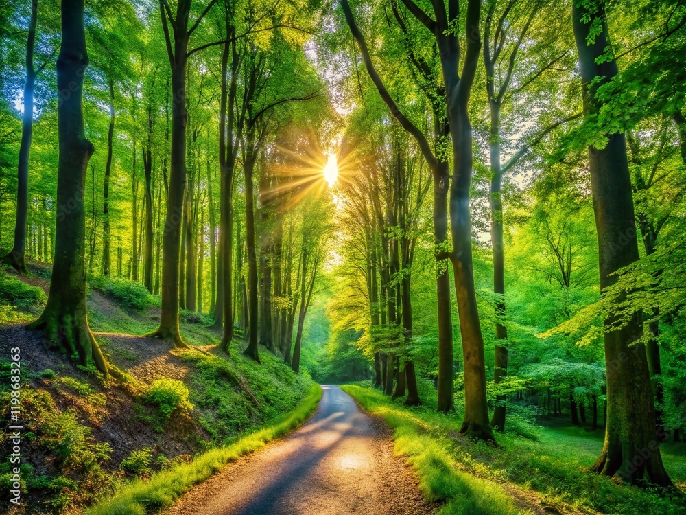 Obraz premium Panoramic View: Winding Path Through Lush Deciduous Forest