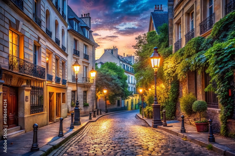 Fototapeta premium Parisian Street at Night, Oil Painting Style, City Lights, Dreamy, Ethereal