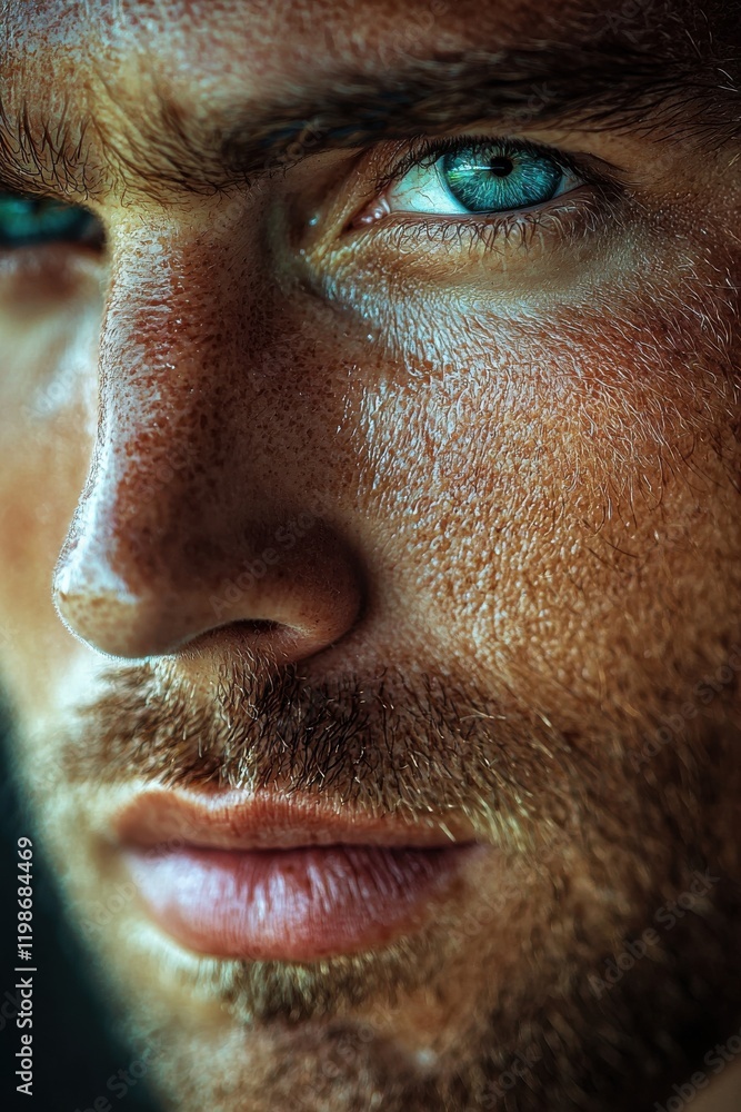 Fototapeta premium Close-up portrait highlighting a man's blue eyes and facial features