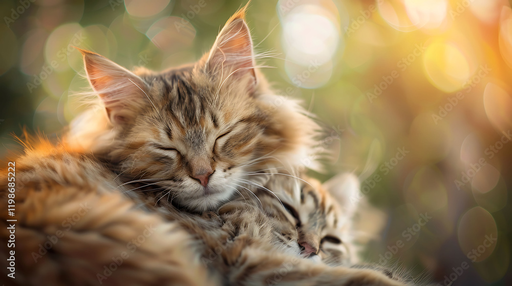 The adorable kitty with fluffy fur and floppy ears was curled up in a tranquil hug with her lover The adorable kitty with fluffy fur and floppy ears was curled up in a tranquil hug with her lover