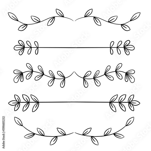 Flourish Text Divider collection. Separator thin line icons set with leaves. Hand drawn doodle sign border element kit. Page Decoration for certificate, diploma, book chapter separation. Vector