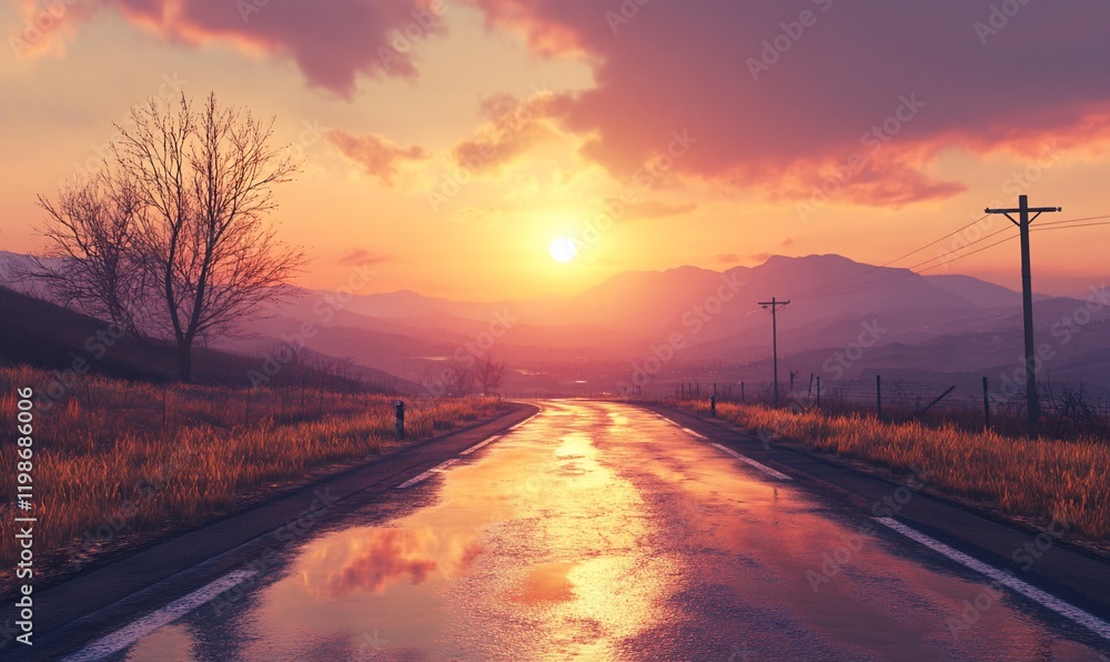 Sunset road, mountains, autumn, wet asphalt. Travel background Sunset road, mountains, autumn, wet asphalt. Travel background