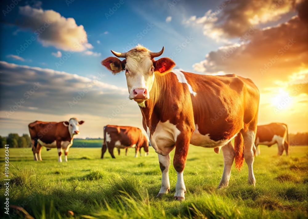 Peaceful Brown and White Cow Grazing in Lush Green Pasture - Rural Farm Animal Stock Photo Peaceful Brown and White Cow Grazing in Lush Green Pasture - Rural Farm Animal Stock Photo