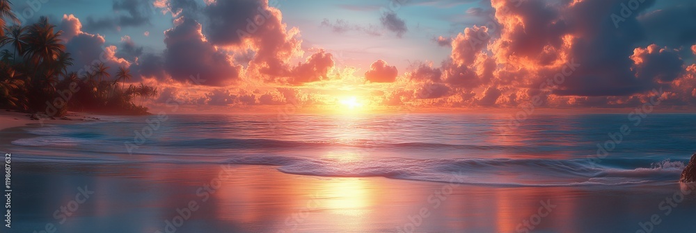 Tropical Beach Sunset with Palm Trees and Ocean Waves Tropical Beach Sunset with Palm Trees and Ocean Waves