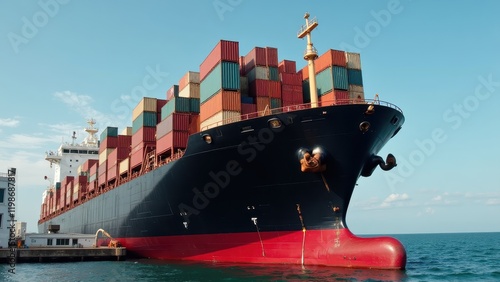 A majestic cargo ship dominates, its sleek black hull accentuated by a bold red stripe. Towering container stacks line its deck, facing right, promising adventure and commerce across the seas photo