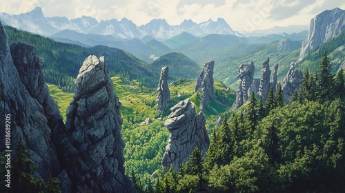 In Poland's Tatra mountains, lush green expanses unfold amidst towering rock formations, painting a breathtaking summer landscape.