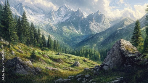 In Poland's Tatra mountains, lush green expanses unfold amidst towering rock formations, painting a breathtaking summer landscape.