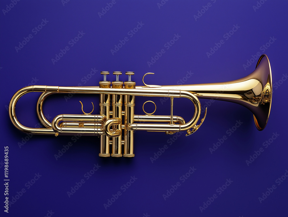 Obraz premium A shiny brass trumpet with intricate details, placed diagonally on a deep royal purple background.