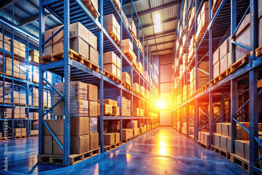 Fototapeta premium Warehouse Interior Photography: Shelves of Boxes, Industrial Storage, Logistics, Inventory Management