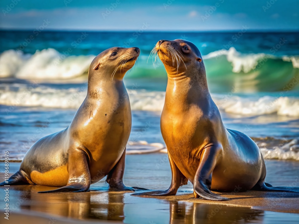 Fototapeta premium Playful California Sea Lions Couple Parade - Candid Wildlife Photo