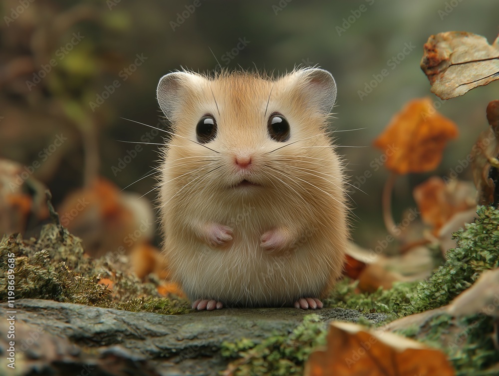 Light Brown Hamster on Mossy Rock with Autumn Leaves Light Brown Hamster on Mossy Rock with Autumn Leaves