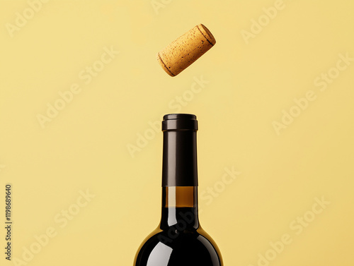 Minimalist stock photo of the open top of an unbranded wine bottle with no labels or graphics, and a single wine cork flying out from inside on a light yellow background. photo