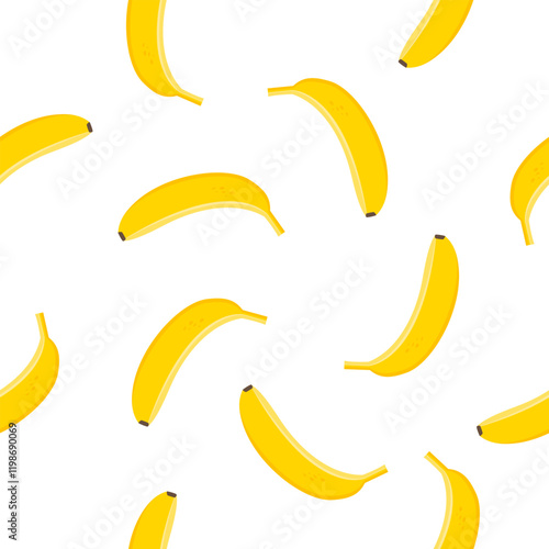 Yellow bananas are scattered randomly on a white background, forming a seamless pattern. Vector.