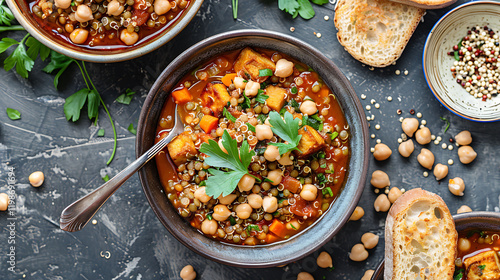 Vegan dinner table choclaty bowl with tofu chickpeas and quinoa lentil soup and toasts photo