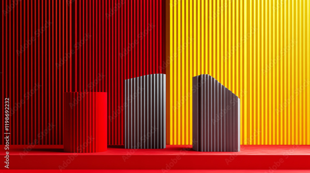 Fototapeta premium A vibrant and modern abstract composition featuring geometric shapes in red, grey, and yellow tones.