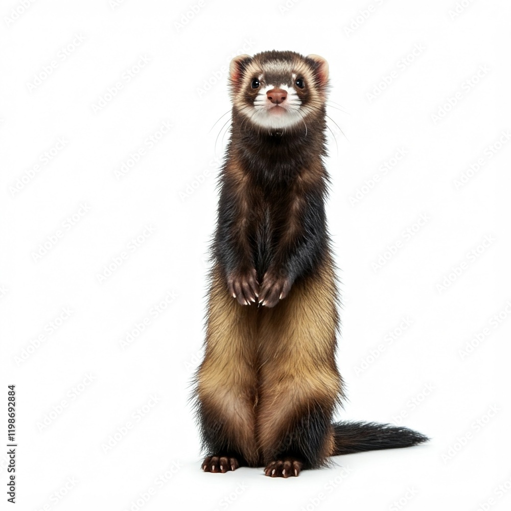 Fototapeta premium cute curious sable ferret standing on white background looking upward