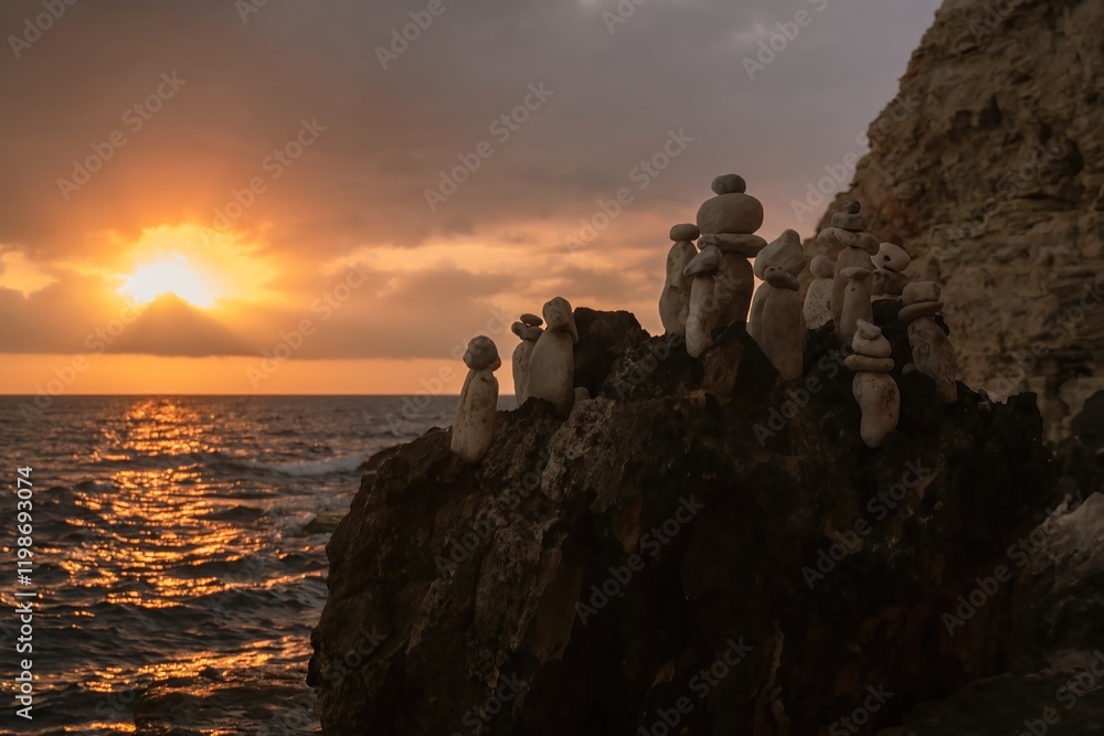 Birds, Cliff, Sunset: Group of Birds Perched on a Cliff Watching the Sunset over the Ocean. Birds, Cliff, Sunset: Group of Birds Perched on a Cliff Watching the Sunset over the Ocean.