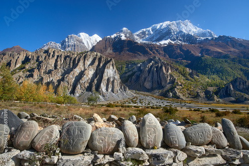 Religious ancient inscriptions on stones laid out along road against backdrop...