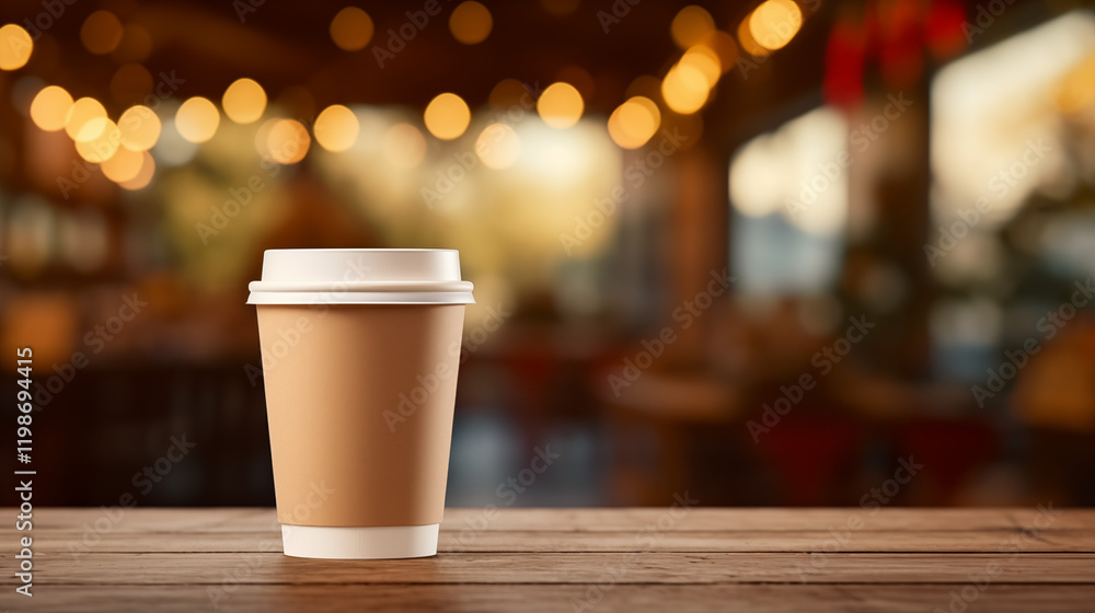 A realistic mockup of a empty paper coffee cup, placed on a wooden counter in a cozy nature café setting A realistic mockup of a empty paper coffee cup, placed on a wooden counter in a cozy nature café setting