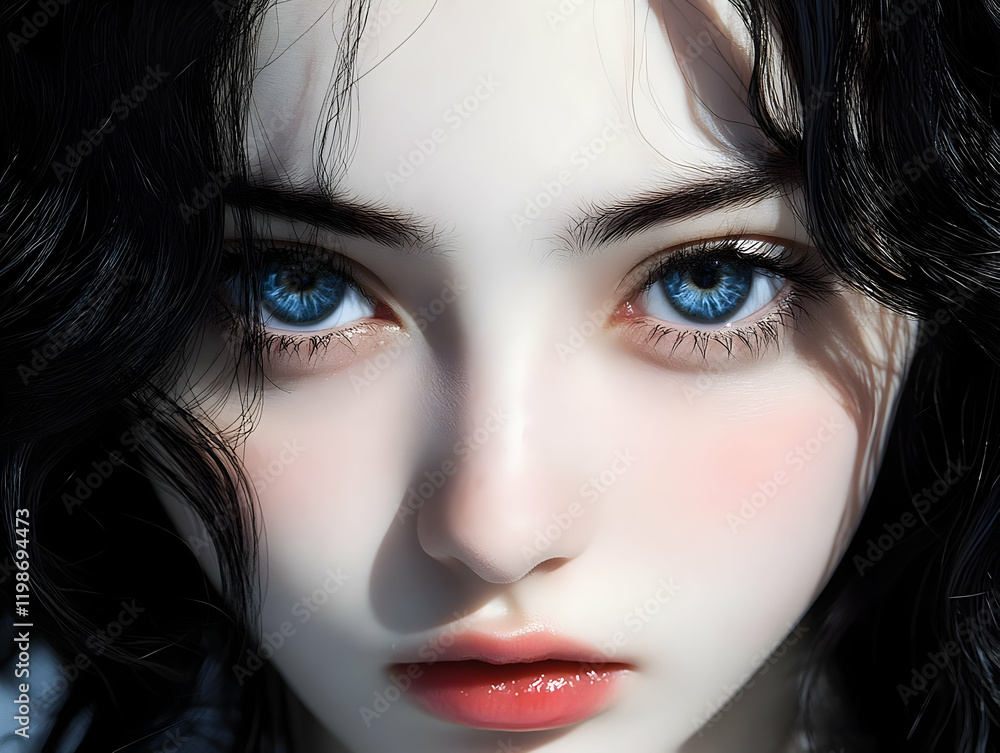 Digital Art Portrait of a Woman with Dark Hair and Striking Blue Eyes and Smooth Skin Digital Art Portrait of a Woman with Dark Hair and Striking Blue Eyes and Smooth Skin