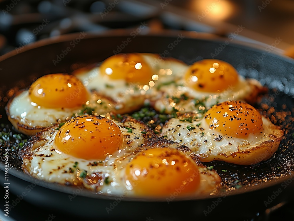 Six Fried Eggs in a Skillet with Herbs Six Fried Eggs in a Skillet with Herbs